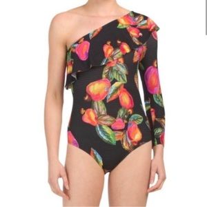 FARM Rio One-Shoulder Black Bodysuit with Vibrant Floral Fruit Print